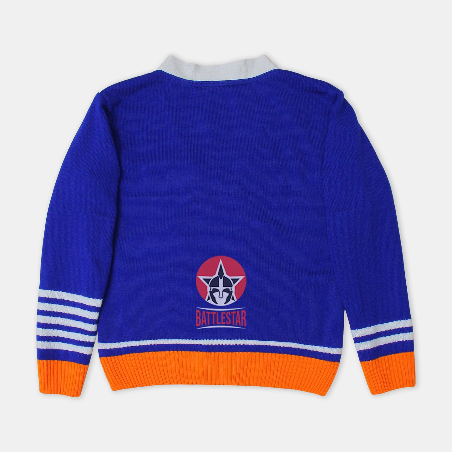 Handmade Unisex Jacquard Knitted Royal Blue-White & Orange Cardigan School College Graduation Greek Sweater