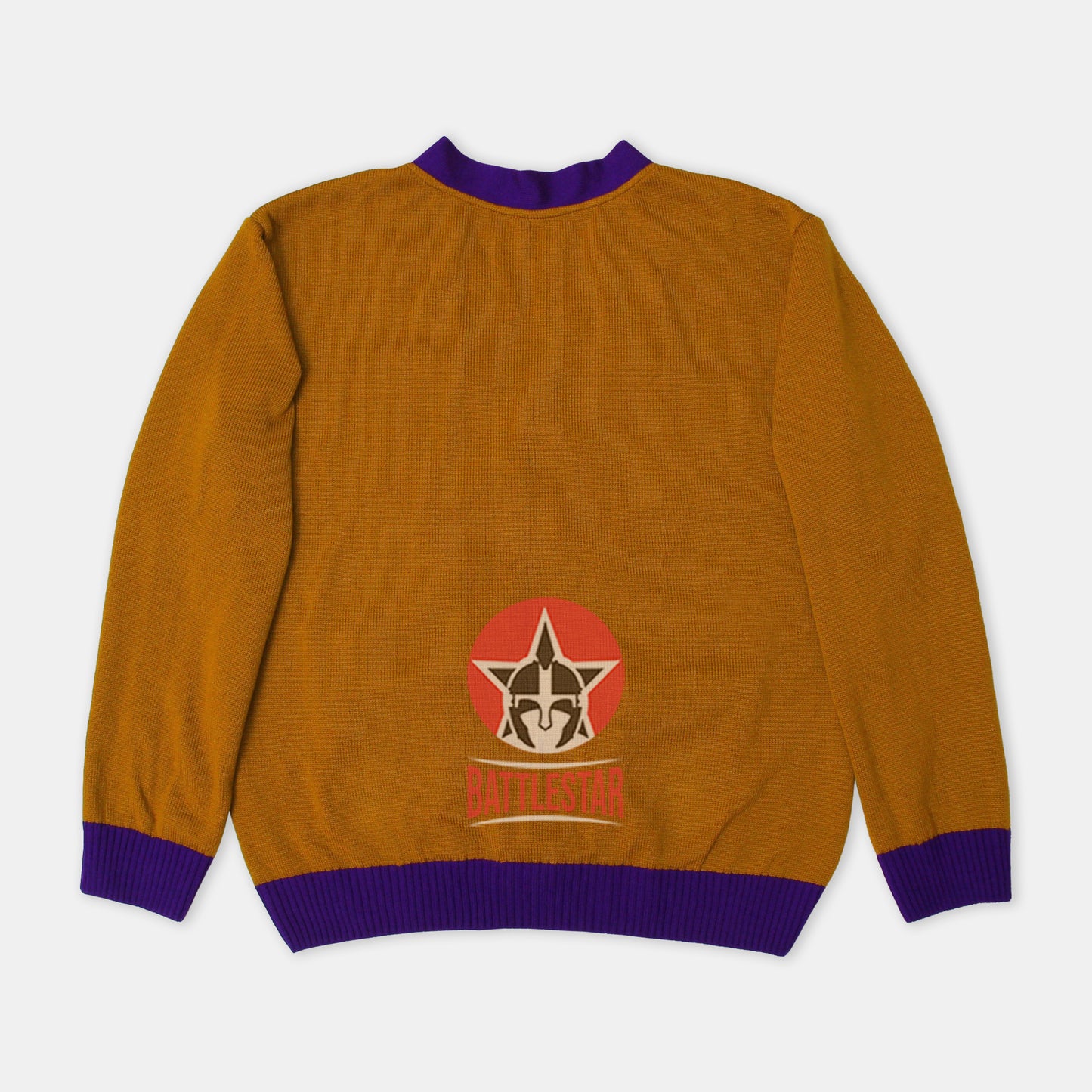 Handmade Unisex Jacquard Knitted Old Gold & Purple Cardigan School College Graduation Greek Sweater