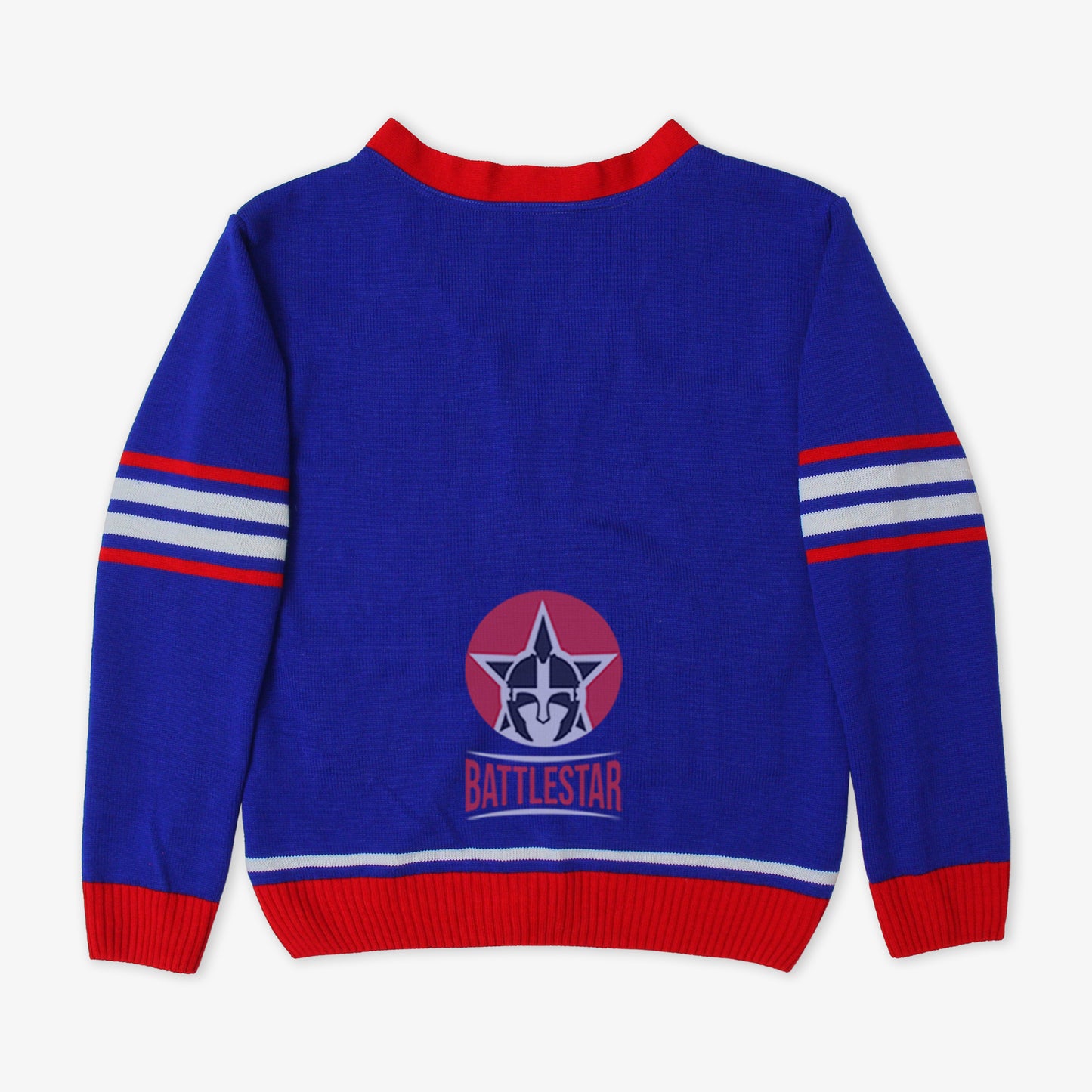Handmade Unisex Jacquard Knitted Royal Blue & Red Cardigan School College Graduation Greek Sweater