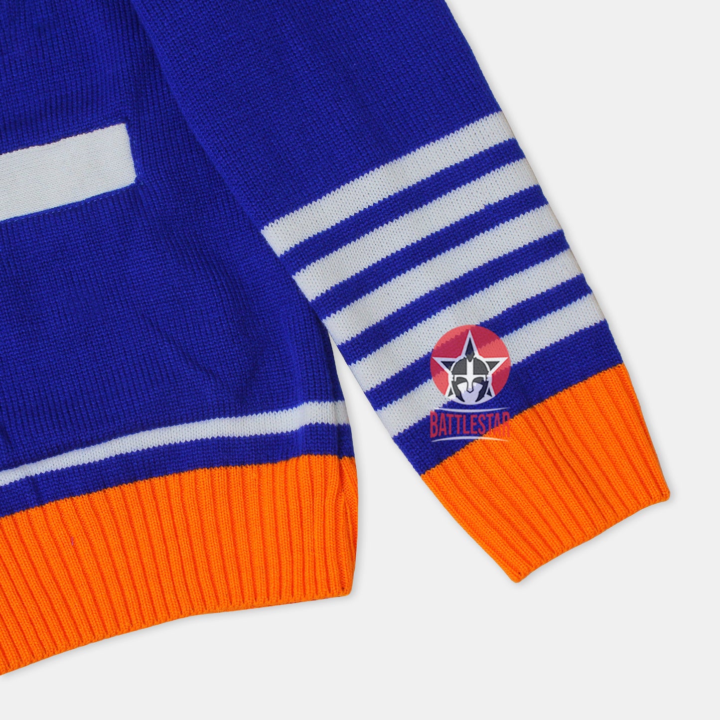 Handmade Unisex Jacquard Knitted Royal Blue-White & Orange Cardigan School College Graduation Greek Sweater