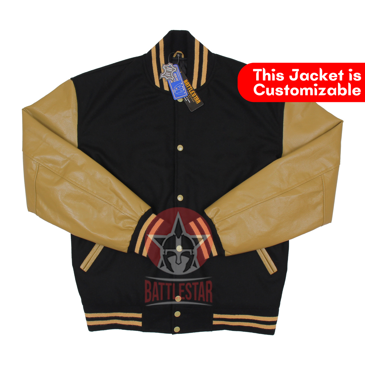 Beige Wool Blue Leather Multi-Rib Varsity Baseball Classic Jacket