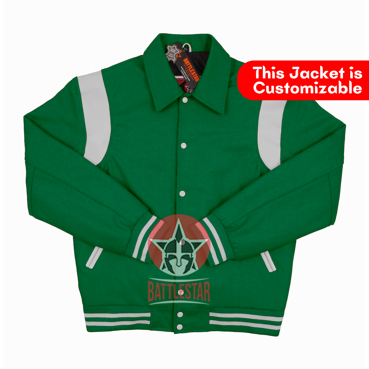 Byron Collar Kelly Green Wool White Leather Stripes Varsity Baseball Jacket