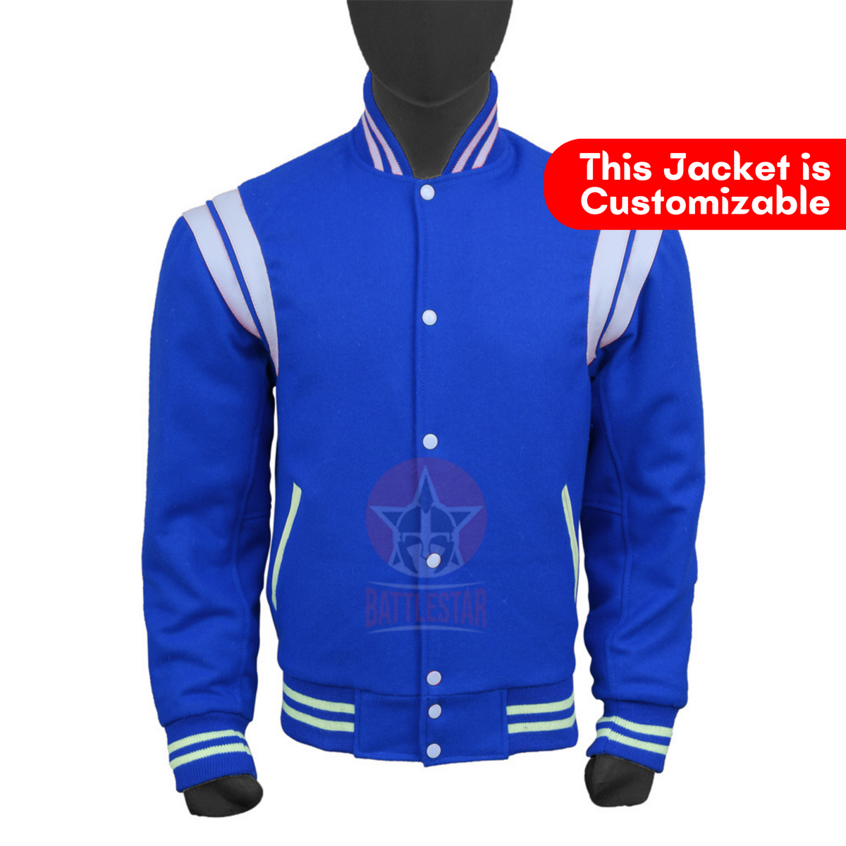 Men's Royal Blue Wool & White Real Leather Collar Varsity Jacket