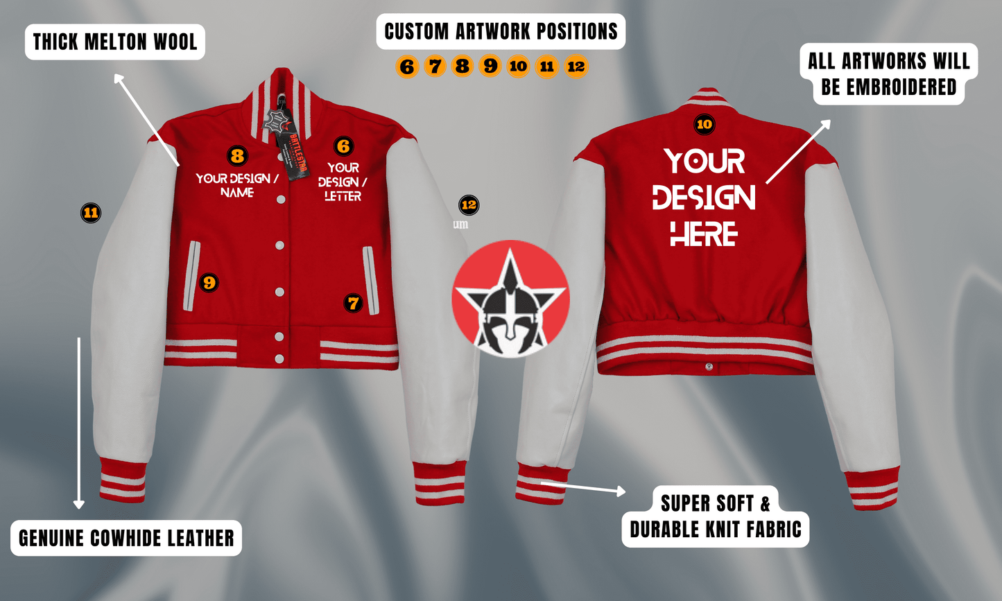 Personalized Wool and Cowhide Leather Cropped Body Embroidered Varsity Jacket