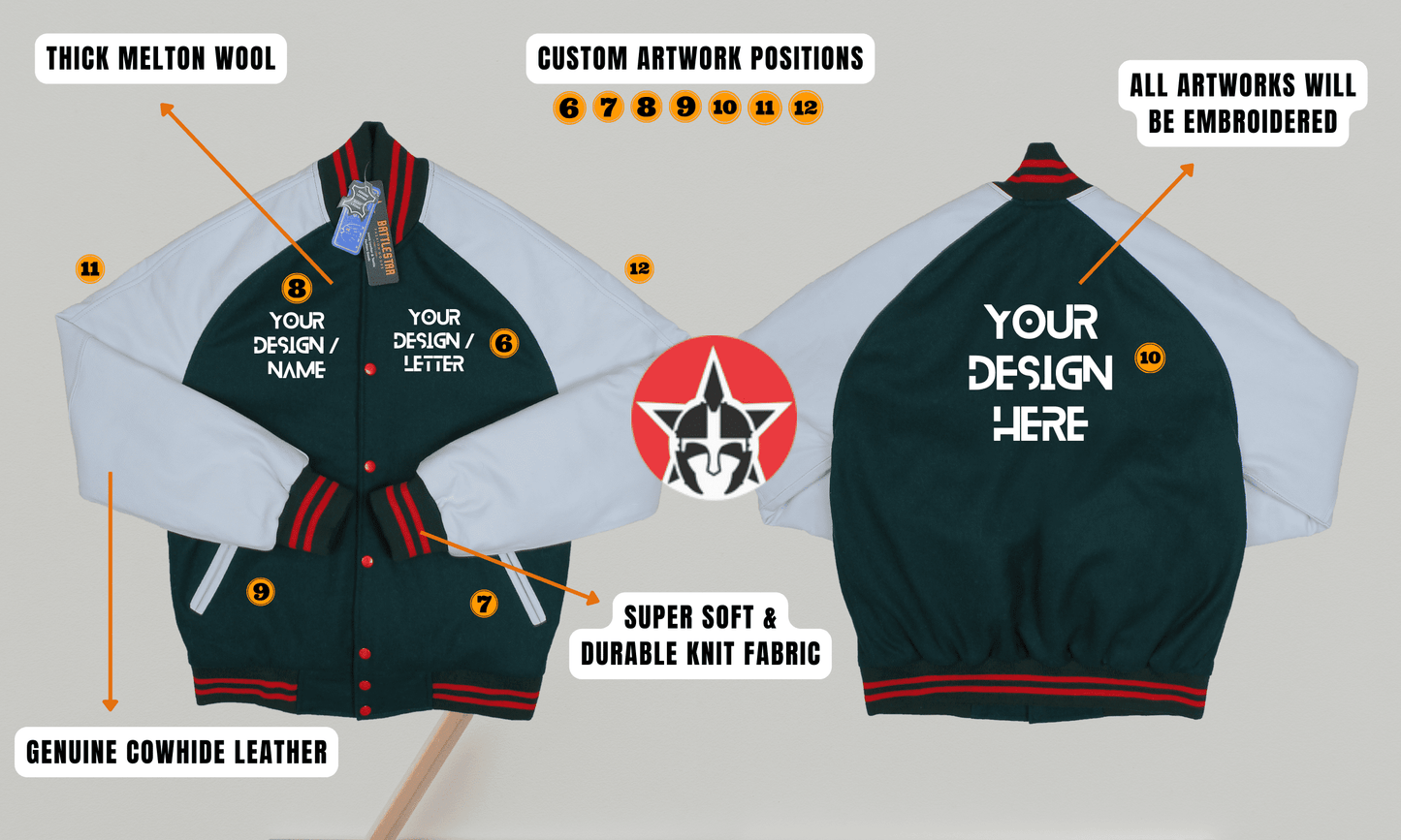 Personalized Wool and Leather Raglan Sleeves Embroidered Varsity Jacket