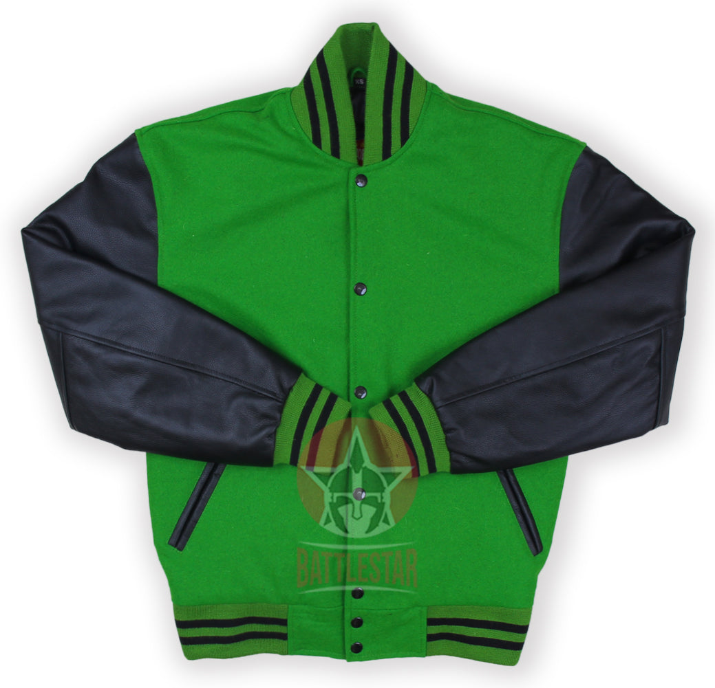 Kelly Green Wool Black Leather Sleeves Varsity Jacket