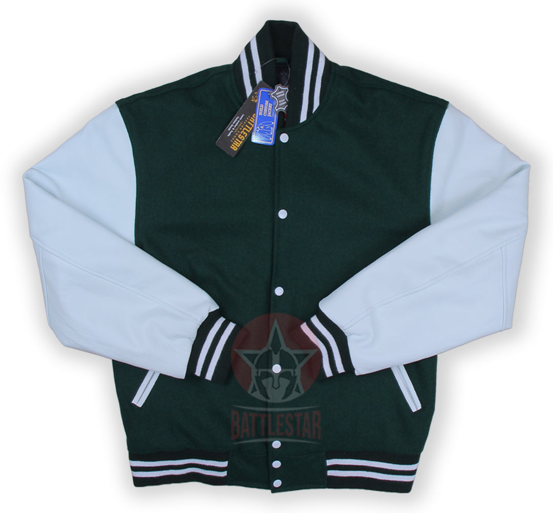 Forest Green Wool White Leather Sleeves Varsity Jacket