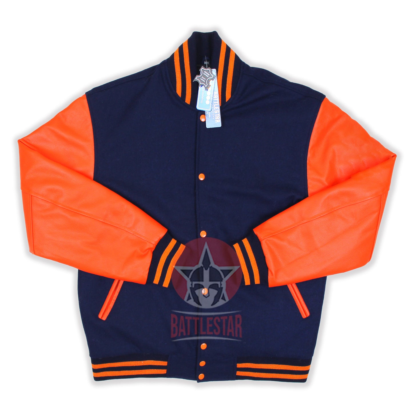 Navy Blue Wool Varsity Jacket Orange Leather Sleeves