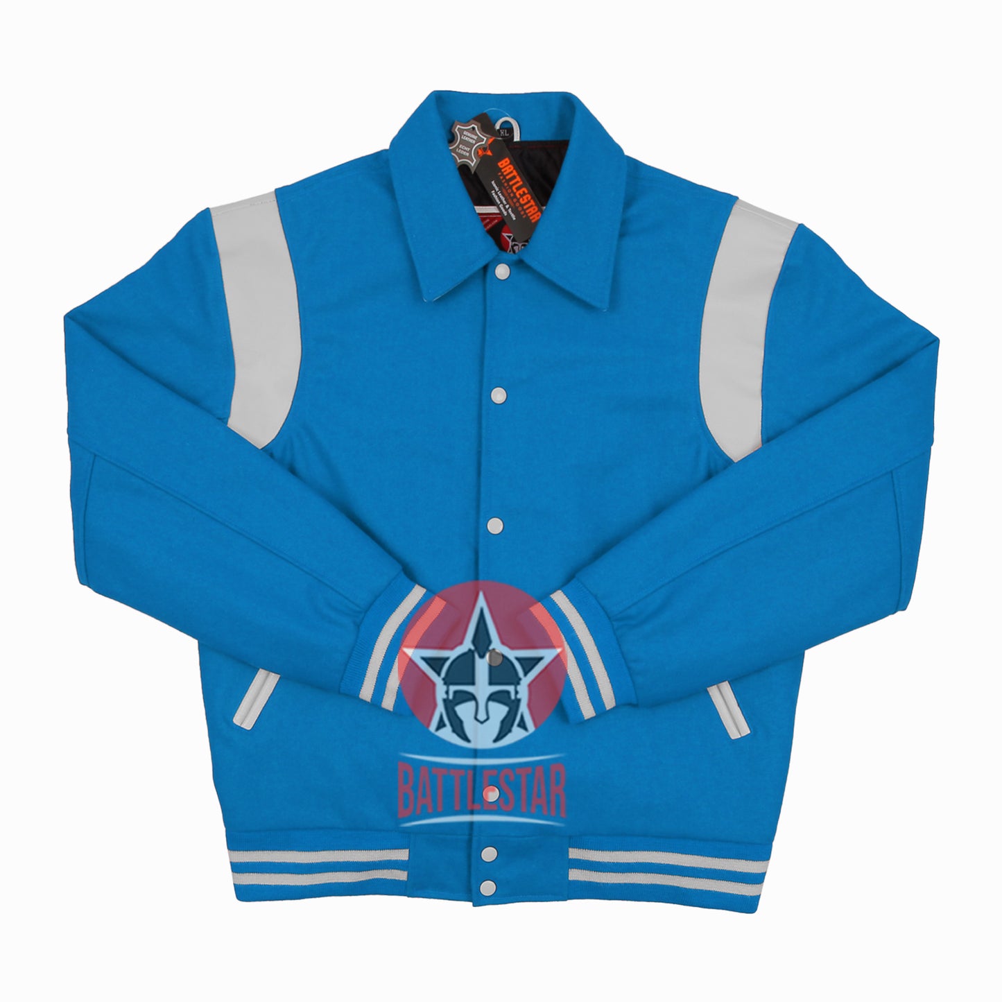 Byron Collar Sky Blue Wool White Leather Stripes Varsity Baseball Jacket