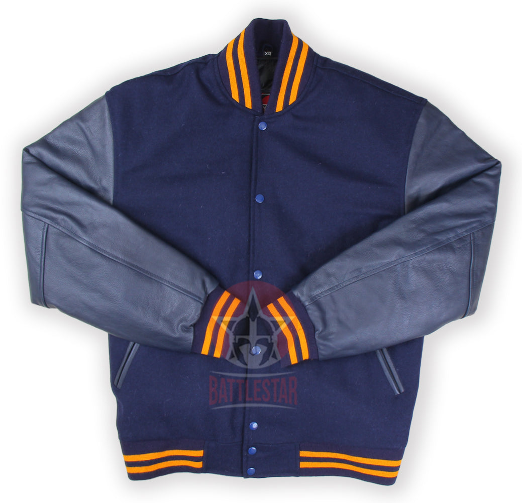 Navy Blue Wool and Leather Varsity Baseball Jacket