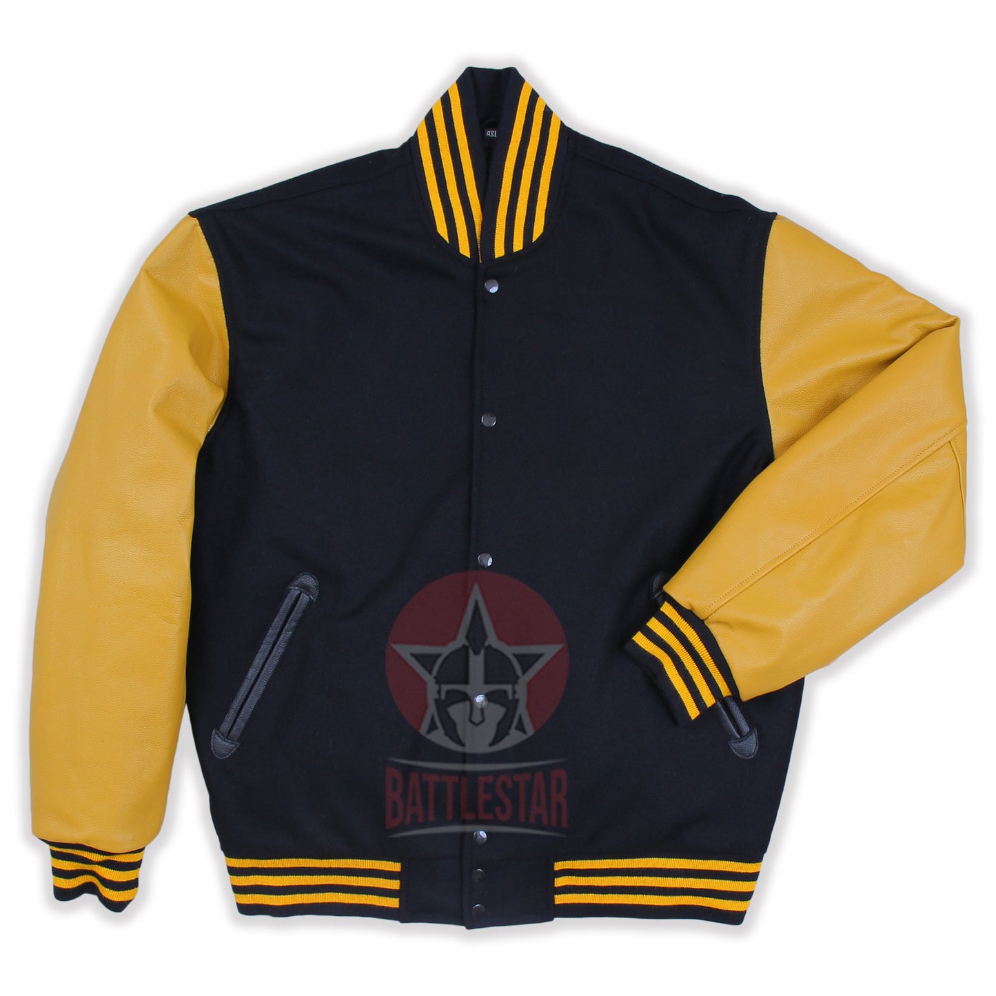 Black Wool Gold Yellow Leather Sleeves Varsity Jacket