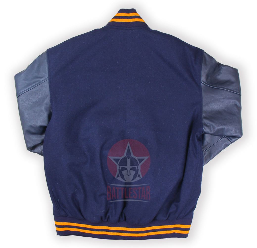 Navy Blue Wool and Leather Varsity Baseball Jacket