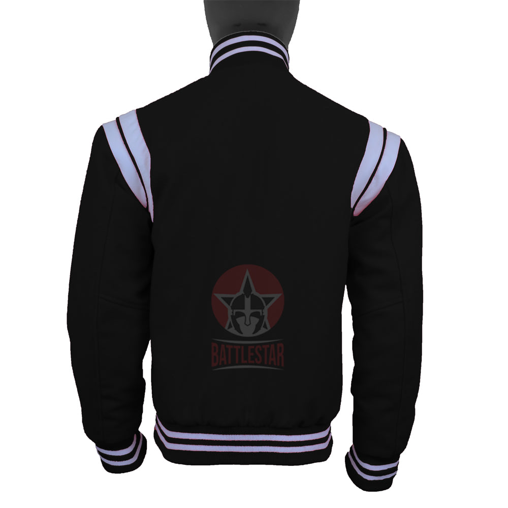 Black Wool White Leather Stripes Stylish Varsity Jacket