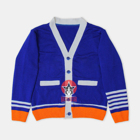 Handmade Unisex Jacquard Knitted Royal Blue-White & Orange Cardigan School College Graduation Greek Sweater