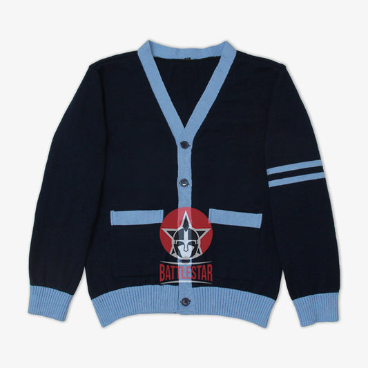 Handmade Unisex Jacquard Knitted Navy Blue- Sky Blue Cardigan School College Graduation Greek Sweater