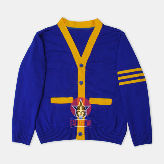 Handmade Unisex Jacquard Knitted Royal Blue & Yellow Cardigan School College Graduation Greek Sweater