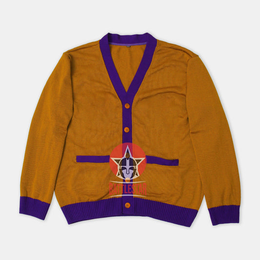 Handmade Unisex Jacquard Knitted Old Gold & Purple Cardigan School College Graduation Greek Sweater