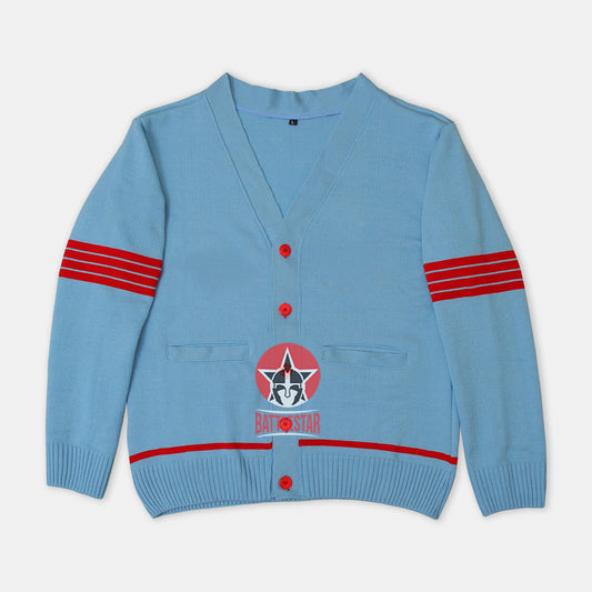 Handmade Unisex Jacquard Knitted Sky Blue & Red Cardigan School College Graduation Greek Sweater