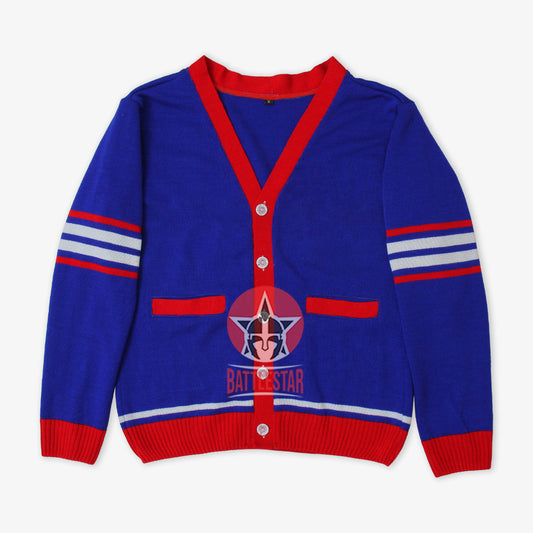 Handmade Unisex Jacquard Knitted Royal Blue & Red Cardigan School College Graduation Greek Sweater