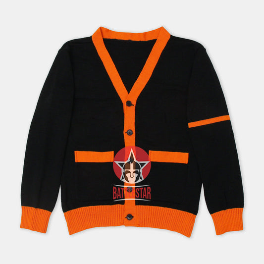 Handmade Unisex Jacquard Knitted Black & Orange Cardigan School College Graduation Greek Sweater