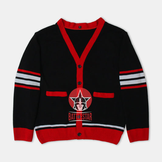 Handmade Unisex Jacquard Knitted Black & Red Cardigan School College Graduation Greek Sweater