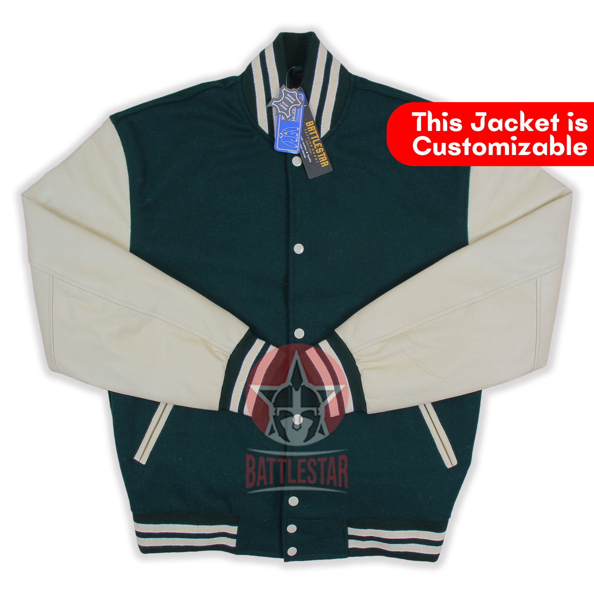 Forest Green Wool and Cream Leather Sleeves Varsity Jacket