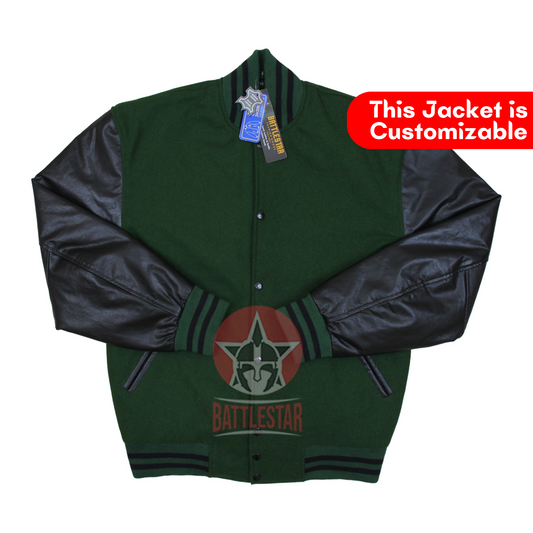 Forest Green Wool Black Leather Varsity Baseball Bomber Jacket