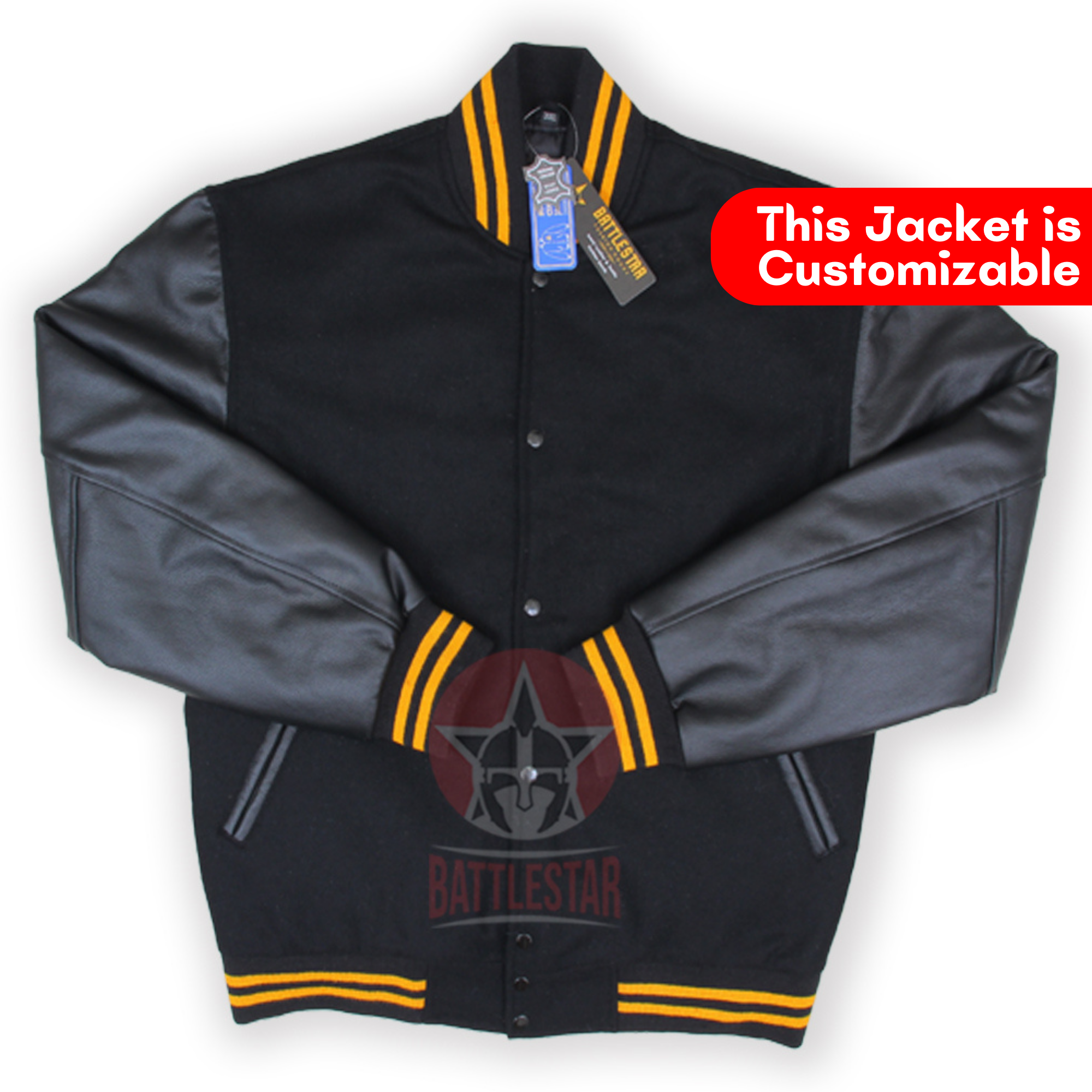 Black Wool Leather Sleeves Gold Rib Varsity Jacket