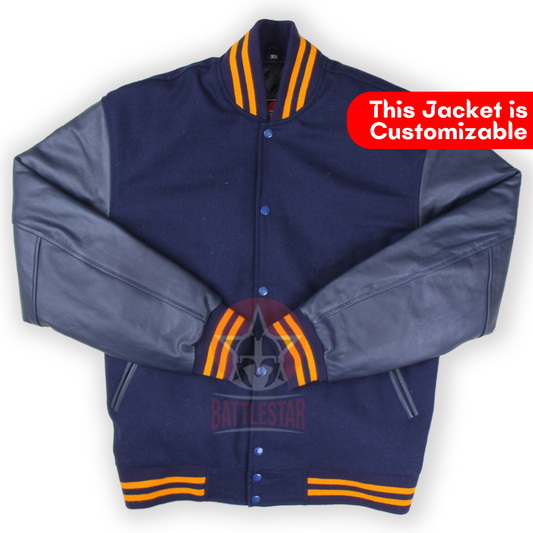 Navy Blue Wool and Leather Varsity  Baseball Jacket