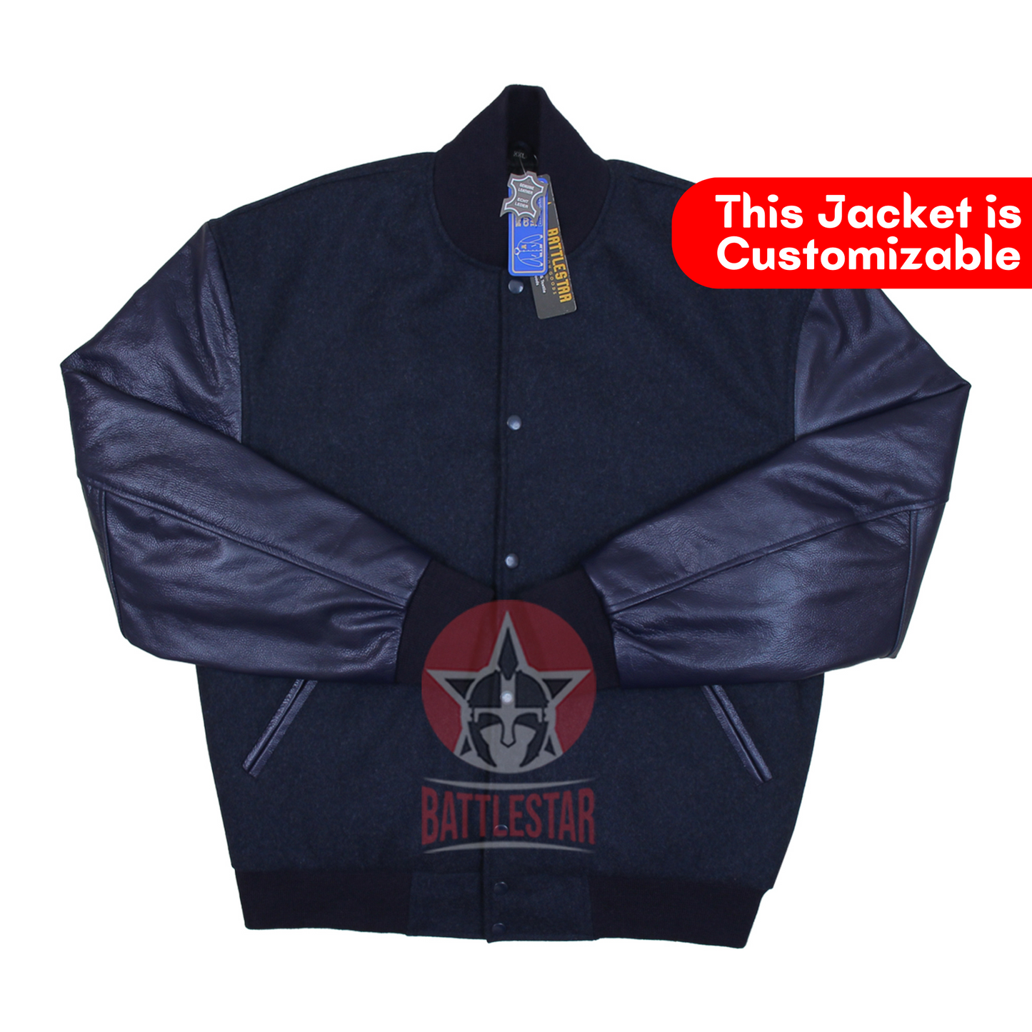 Navy Blue Wool & Leather Baseball Bomber Varsity Jacket