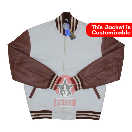 White Wool Brown Leather Sleeves Varsity Baseball Jacket