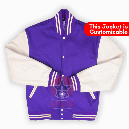 Purple Wool Varsity Baseball Jacket Cream Leather Sleeves