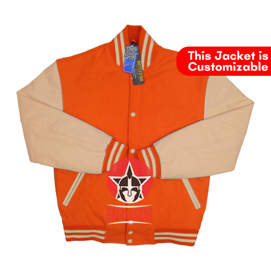 Orange Wool Cream Leather Sleeves Varsity Jacket