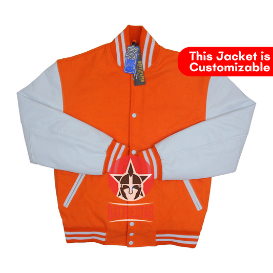 Orange Wool Varsity Jacket White Leather Sleeves