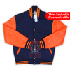 Load image into Gallery viewer, Navy Blue Wool Varsity Jacket Orange Leather Sleeves