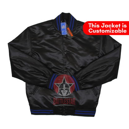 Black Satin Fabric Letterman Baseball Jacket (Black & Blue knit rib)