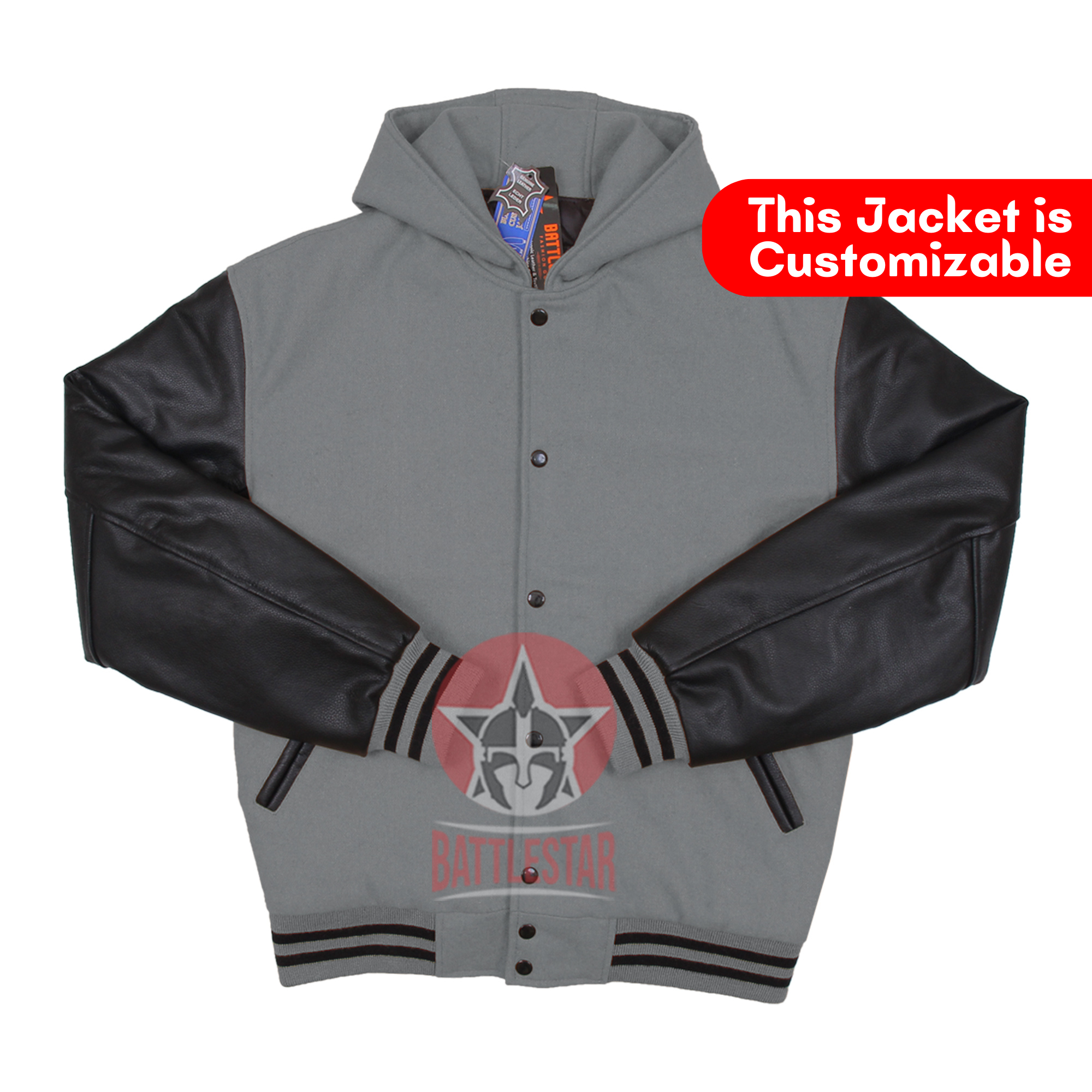 Gray Wool Black Leather Hooded Baseball Letterman Varsity Jacket