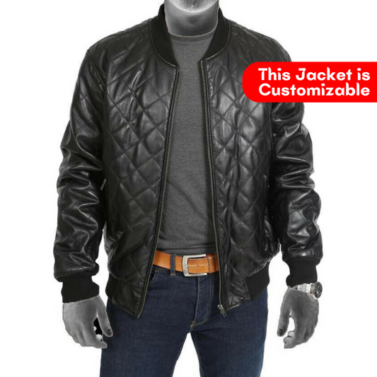 Men's New Style Black Real Leather Quilted Bomber Jacket