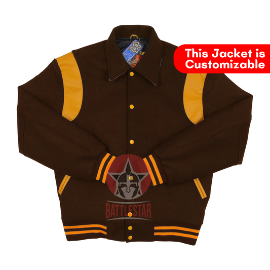 Byron Collar Brown Wool Gold Yellow Leather Stripes Varsity Baseball Jacket