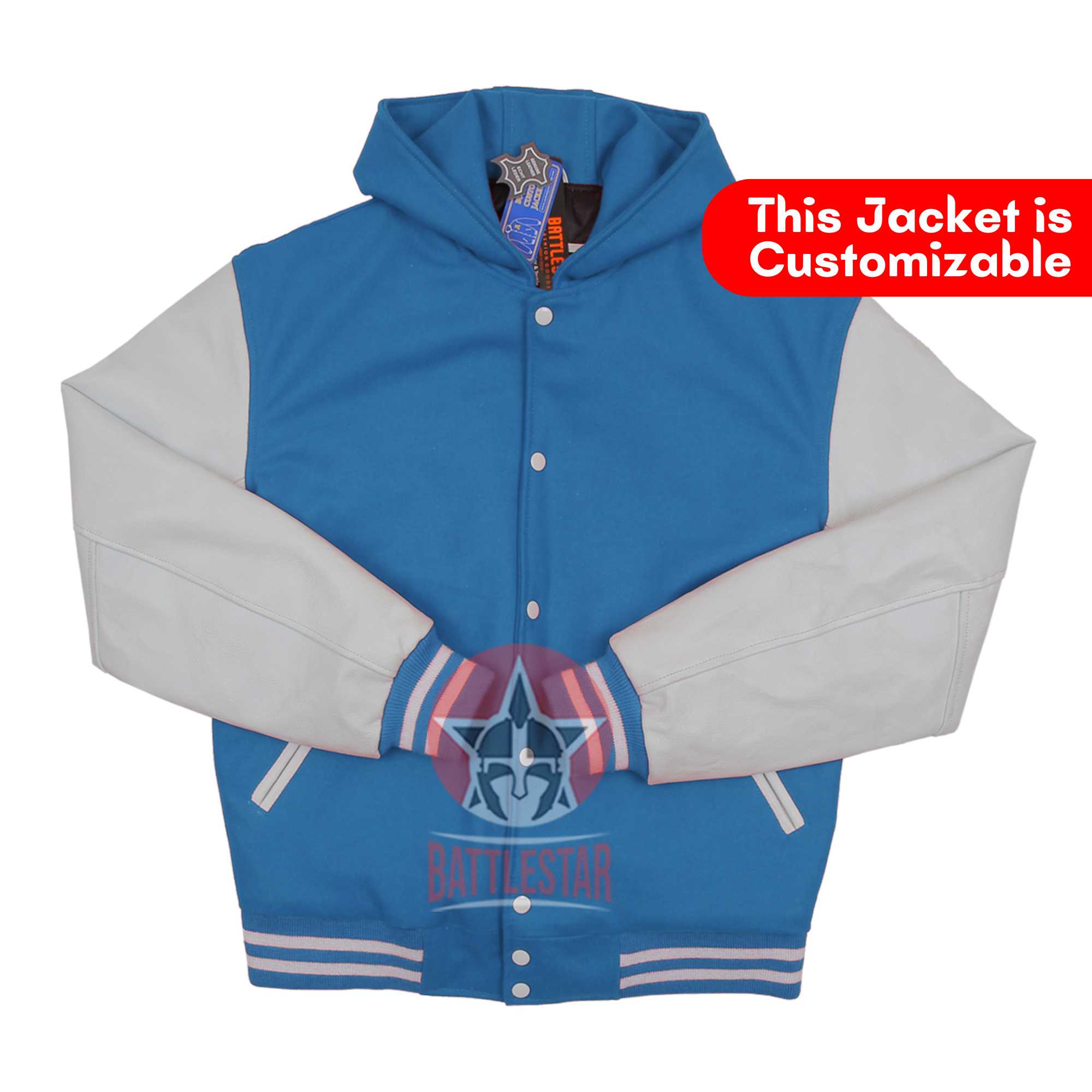 Sky Blue Wool White Leather Hooded Baseball Letterman Varsity Jacket