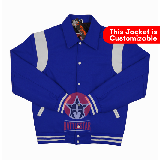 Byron Collar Royal Blue Wool White Leather Stripes Varsity Baseball Jacket