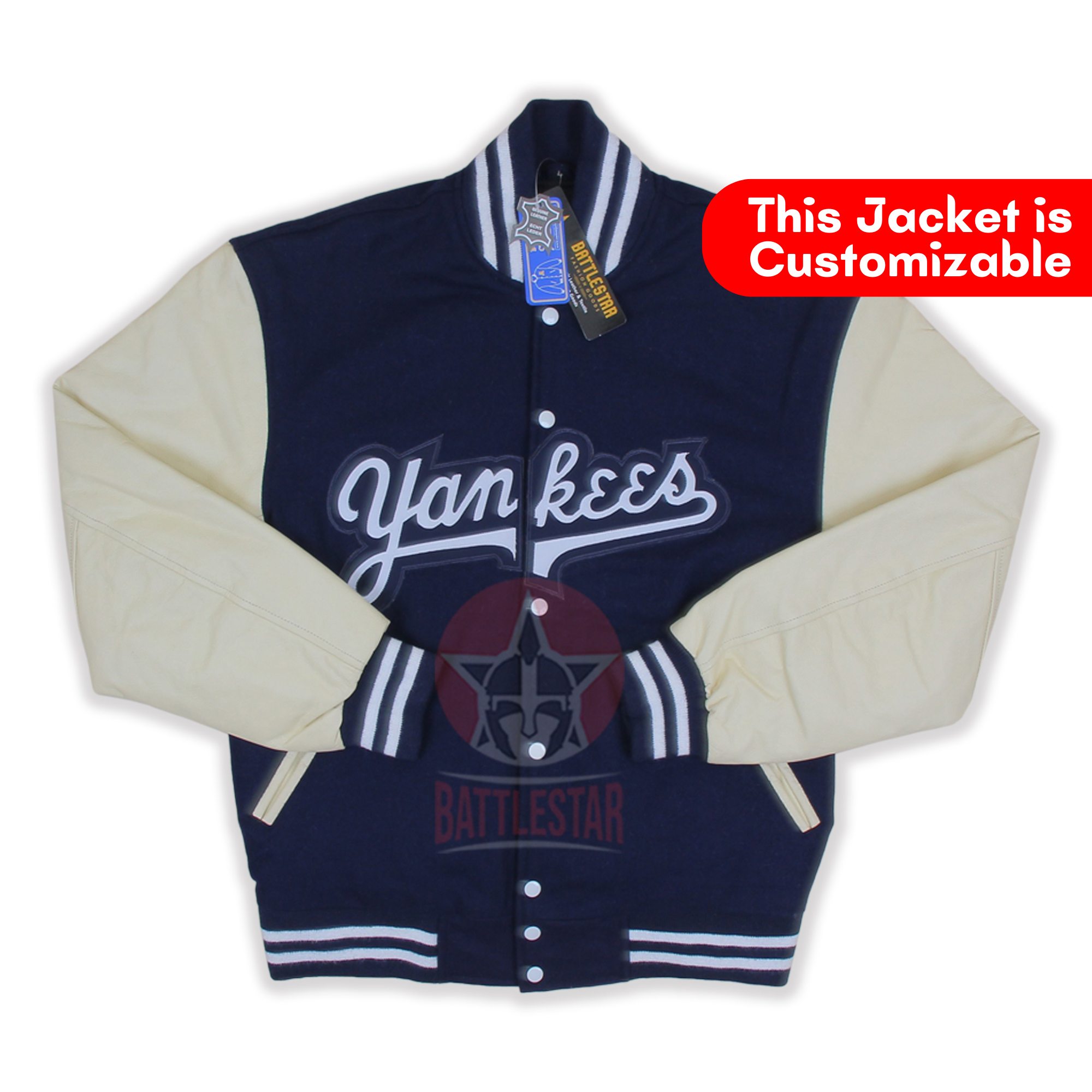 Yankees Inspired Navy Blue Wool Cream Leather Sleeves Baseball Jacket