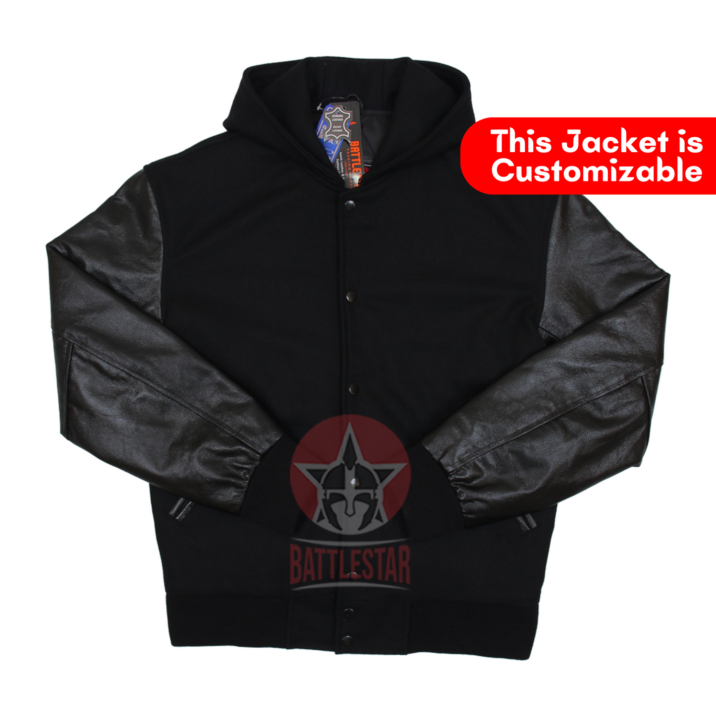 Black Wool Hooded Varsity Jacket Black Leather Sleeves