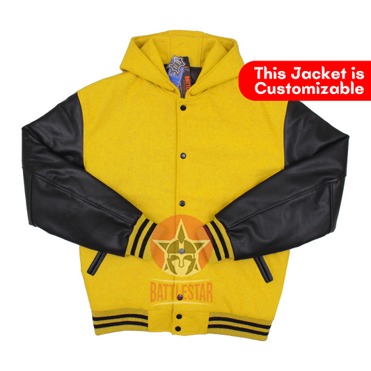 Yellow Wool Black Leather Hooded Baseball Letterman Varsity Jacket