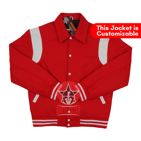 Byron Collar Red Wool White Leather Stripes Varsity Baseball Jacket