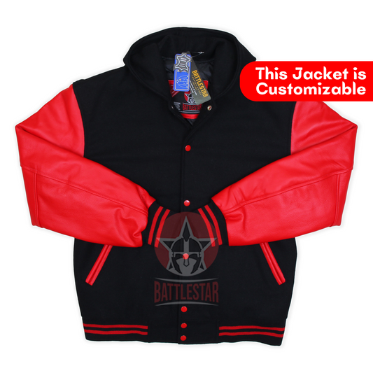 Black Wool Hooded Varsity Jacket Red Leather Sleeves