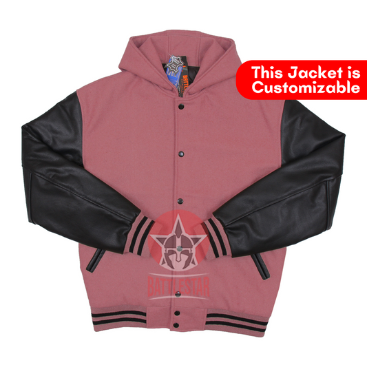 Baby Pink Wool Black Leather Hooded Baseball Letterman Varsity Jacket