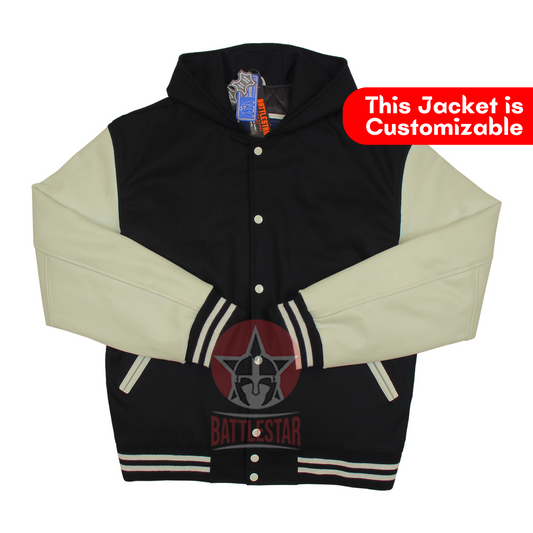 Black Wool Cream Leather Hooded Baseball Letterman Varsity Jacket
