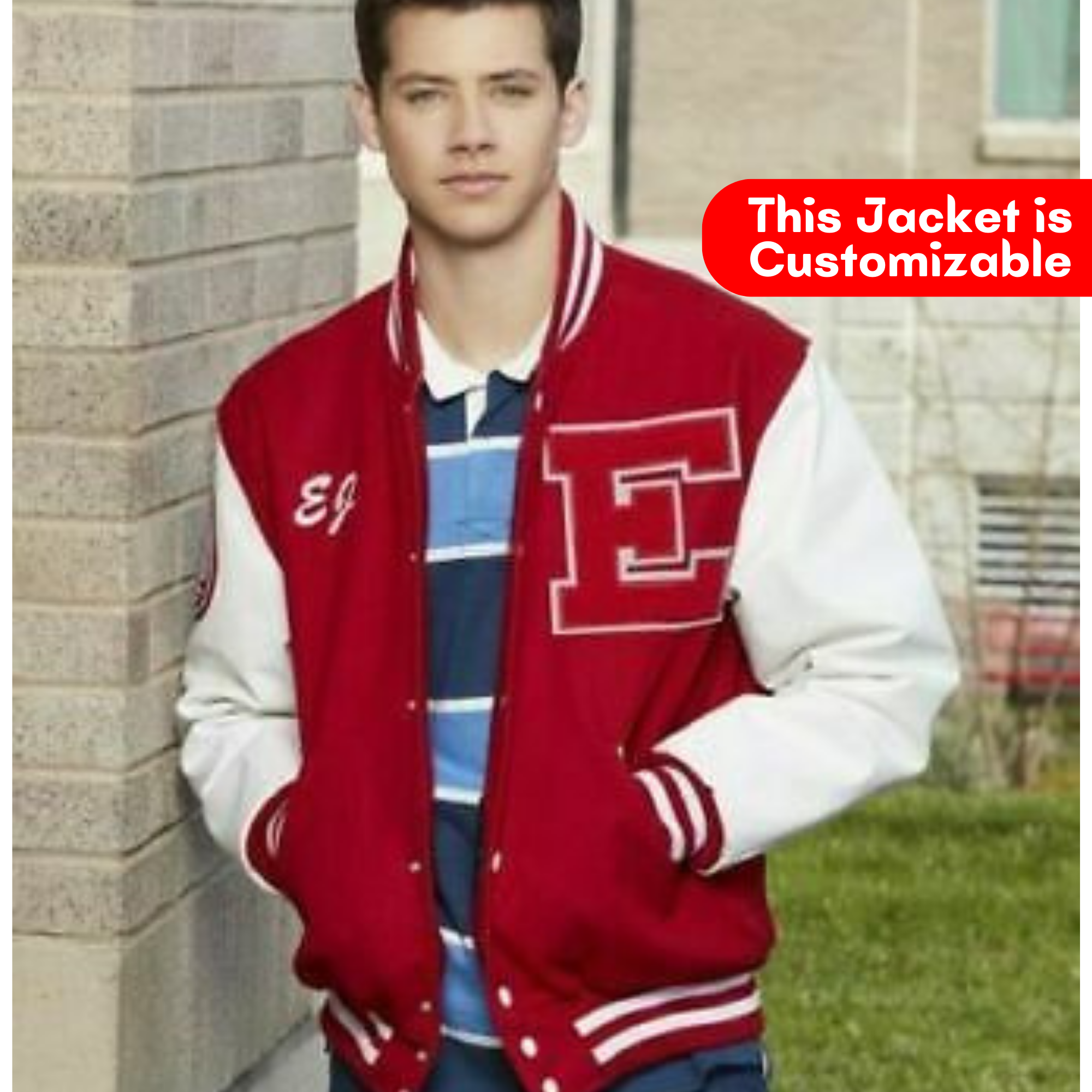 Musical EJ Red Wool Baseball Jacket White Leather Sleeves