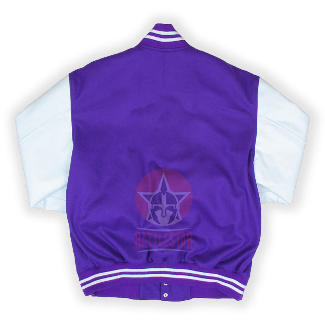 Purple Wool Varsity Baseball Jacket White Leather Sleeves